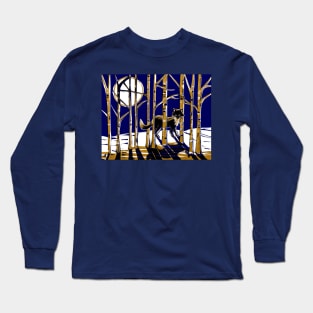 Fox in Moonlit Forest Linocut in blue and gold Long Sleeve T-Shirt